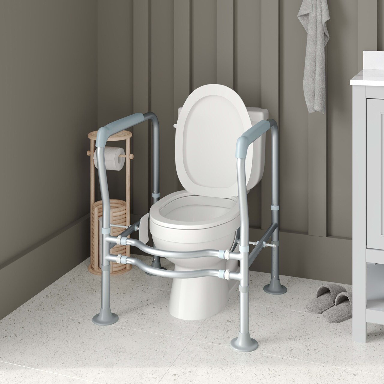 Emma and Oliver Ramsey Toilet Safety Rail for the Elderly with Height Adjustable Steel Frame, Padded Handles and Suction Cup Feet